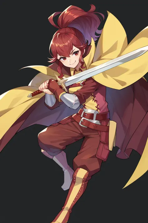 a woman in a red outfit holding a sword and a yellow cape