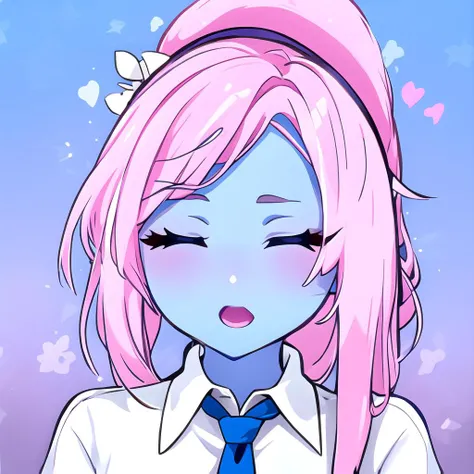 white blouse, loose tie, ponytail <lora:Emotes:0.8> twitch emoji, sleeping, eyes closed, 1woman, (<lyco:Colored Skin:0.7> blue skin:1.2), pink hair, long hair, straight hair, busty, masterpiece, best quality,