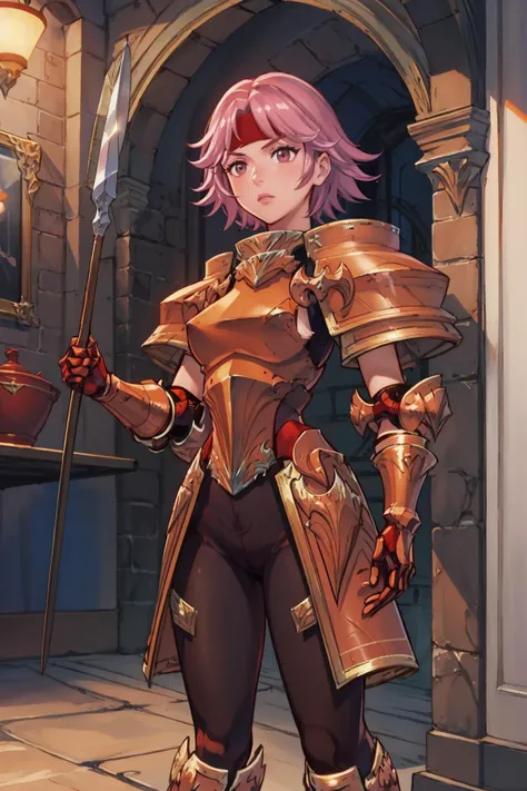 masterpiece, best quality, gwendolyn, armor, headband, breastplate, pants, gloves, pauldrons, gauntlets, shoulder armor, Spear, holding weapon, holding, furrowed brow, indoors, castle <lora:gwendolynV2.1:1> <lora:UnlimitedBladeWorks1.6:1>