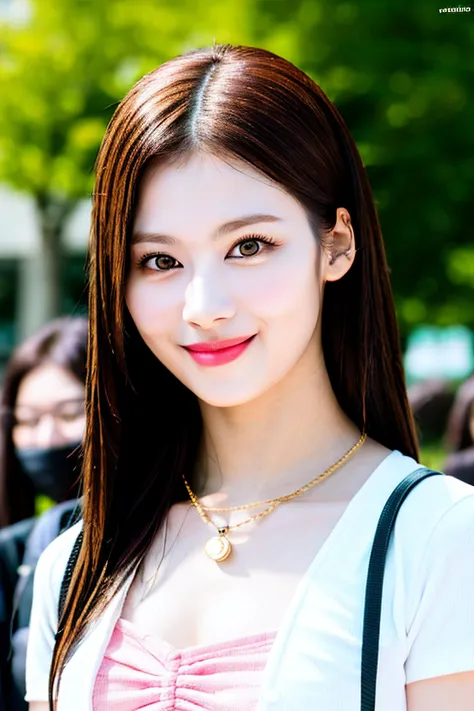 a close up of a woman with a pink top and a necklace