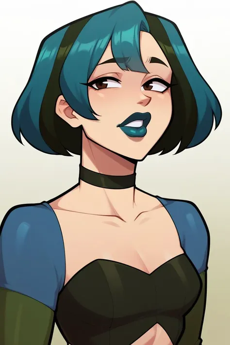 a cartoon drawing of a woman with blue hair and a black top