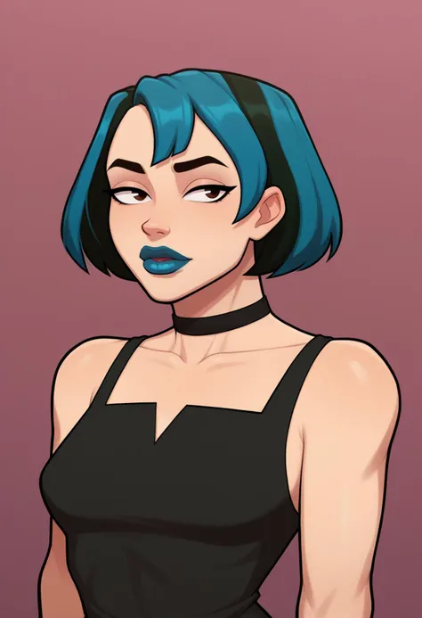 a cartoon girl with blue hair and a black top