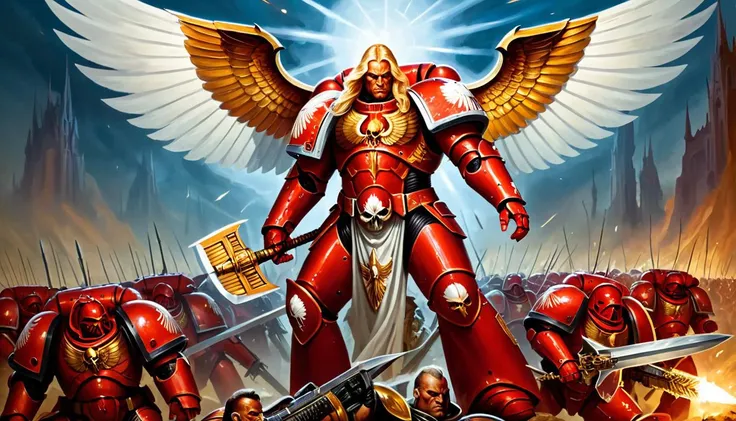 (Digital Illustration),  Sanguinius, the Primarch of the Blood Angels Space Marines. He is depicted as a tall, muscular man with long blond hair and red eyes. He is wearing golden Terminator armor and a large pair of white wings. He is standing in the midd...