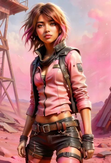 grunge style (medium close-up, straight on:1.6)
BREAK
(a faded pink post apocalypse setting:1.4), (digital painting), masterpiece, 
a petite short young (medium brown-skinned Japanese woman:1.3) as a wasteland survivor with (shoulder length strawberry blon...