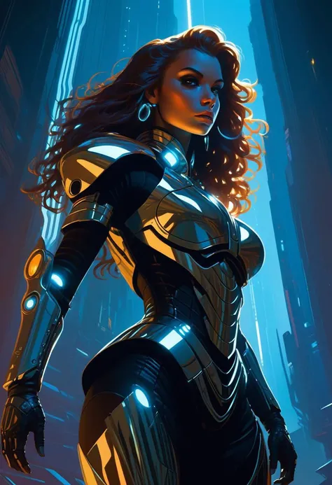 concept art by syd mead, retro futuristic
1girl, armor
 long curly hairs ,  , glowing gems, dark, horror, heavy metal 
shadow, night, moonlight perspective from below
retro realistic