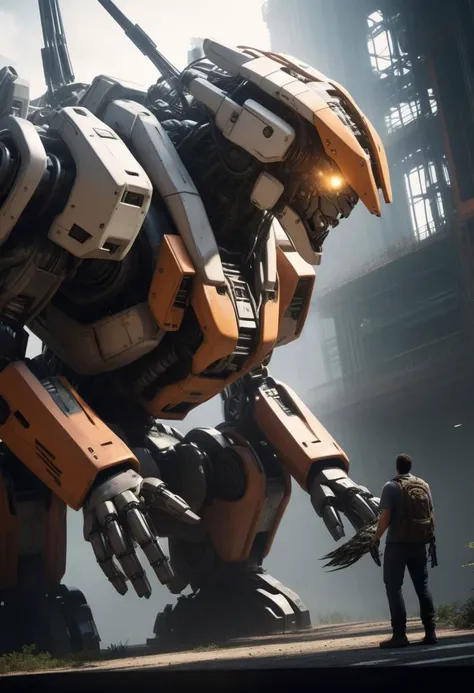 realistic close up , 
a giant mecha robot looking at a bird stopped on its hand 
perspective
dramatic lighting