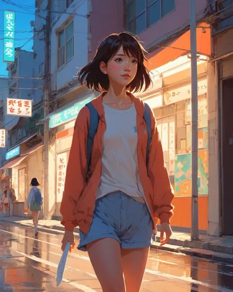 1girl, walking, street 
anime
by Atey Ghailan
 by Makoto Shinkai 
by Sam Bosma