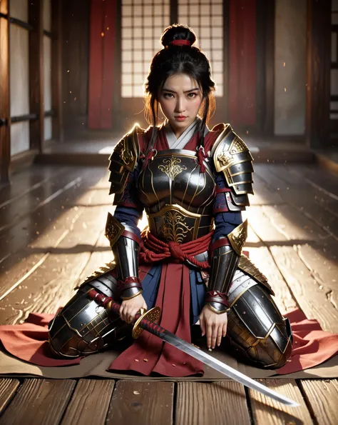 arafed woman in armor sitting on the floor with a sword