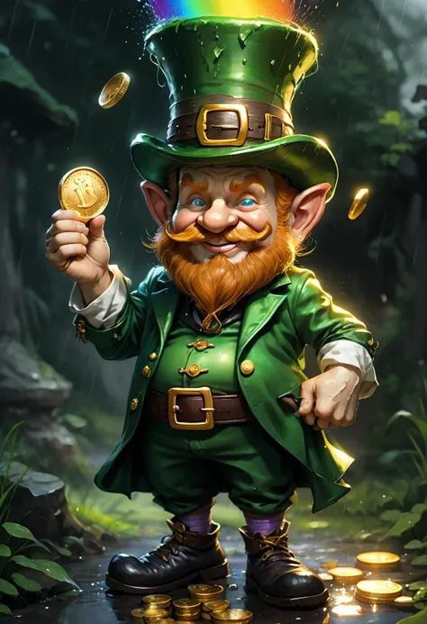 a cartoon leprezi gnome holding a gold coin and a rainbow