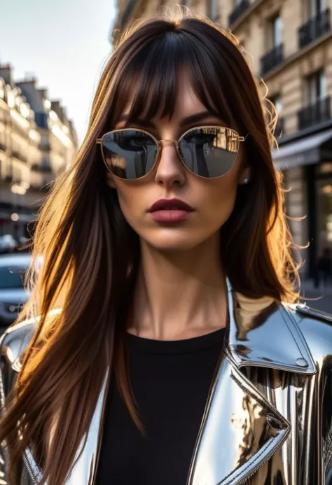 a woman wearing sunglasses and a black top standing in front of a building