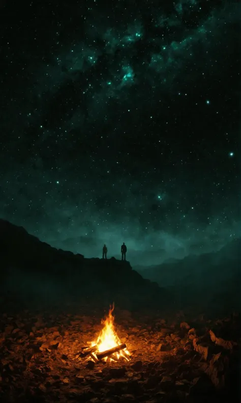 two people standing on top of a mountain next to a fire