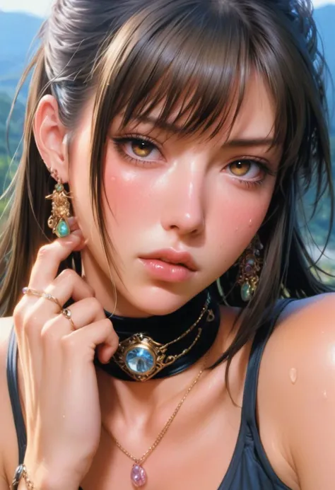 by Noriyoshi Ohrai 
1girl, young, detailed face  
  looking at viewer, blush, bangs,  jewelry,  sweat, earrings,  choker,   
cleavage , hands on face