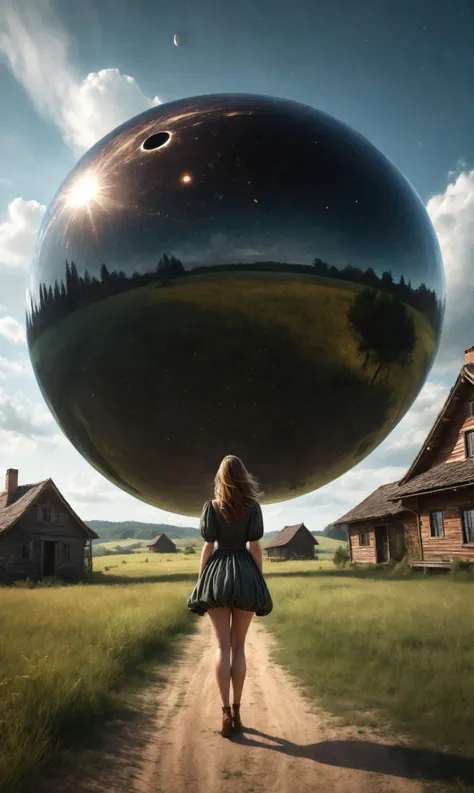 photo of a curvy woman, rear facing, wide hips, wearing peasant dress with short skirt, intricate, detailed digital art, outdoors, giant black orb of darkness floating in the sky above the rural house, alien invasion in a small village, sharp focus