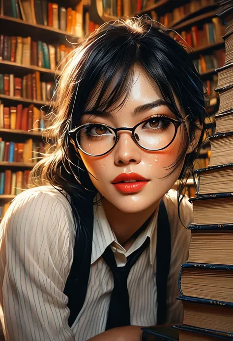 there is a woman with glasses leaning against a book shelf