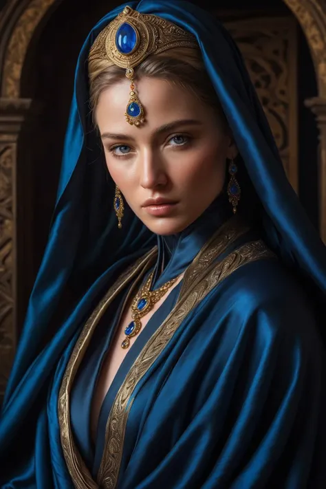 (best quality, ultra detailed, detailed), (official art, beautiful and aesthetic:1, sharp focus on subject), Lady Jessica, a prominent character in "Dune," is depicted as a commanding figure draped in a flowing robe that cascades from her head. Her attire,...