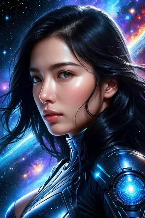 a woman in a futuristic suit with a space background