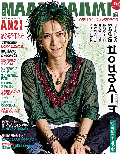 arafed image of a man with green hair sitting on a magazine cover