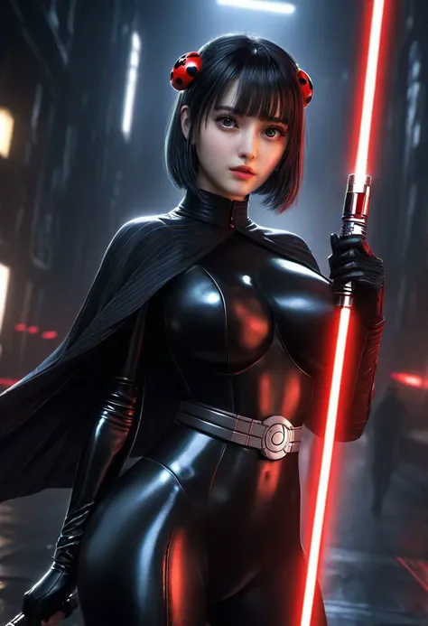 ultra wide angle, in focus, dark epic background, gorgeous lifelike, dynamic pose, a young lady, <lora:ladybug:0.65>, (highly detailed face and eyes:1.3), arrogant expression, holding red lightsaber in his hand, medium shot, hyper details, lighting art, ci...