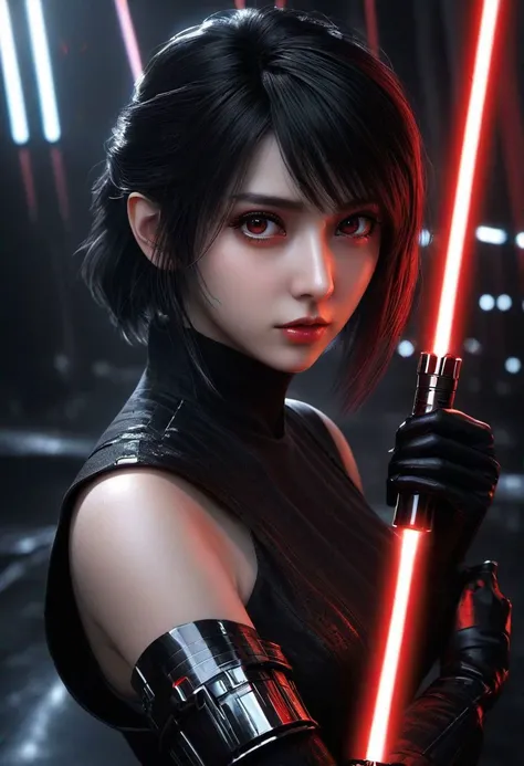 a woman in a black outfit holding a red light saber