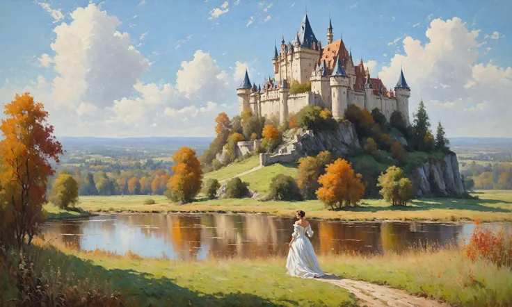 woman with ((huge breasts)), (oil painting,Impressionism:1.1),oil painting with brushstrokes,masterpiece, best quality, detailed,landscape,sky,water, garden, grass, scenery,autumn, castle