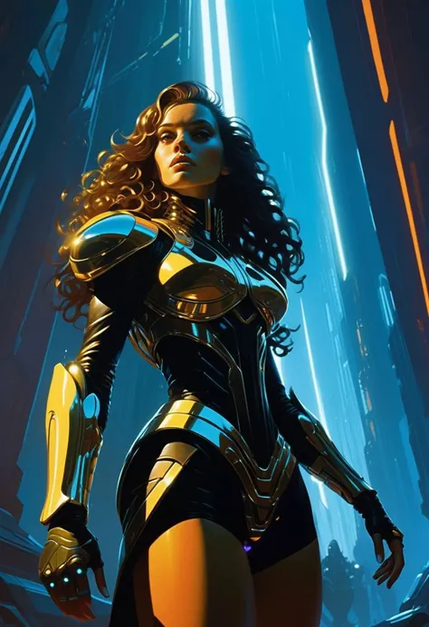 concept art by syd mead, retro futuristic
1girl, armor
 long curly hairs ,  , glowing gems, dark, horror, heavy metal 
shadow, night, moonlight perspective from below
retro realistic