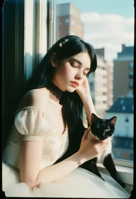 a cute girl, 22 years old, black hair, pale skin, buff, choker, vintage, faded film, film grain, polaroid, cute apartment, window, city,
best quality, high quality, masterpiece, detailed, realistic, break 1girl, solo, sleeping with cat, peaceful, pale skin...