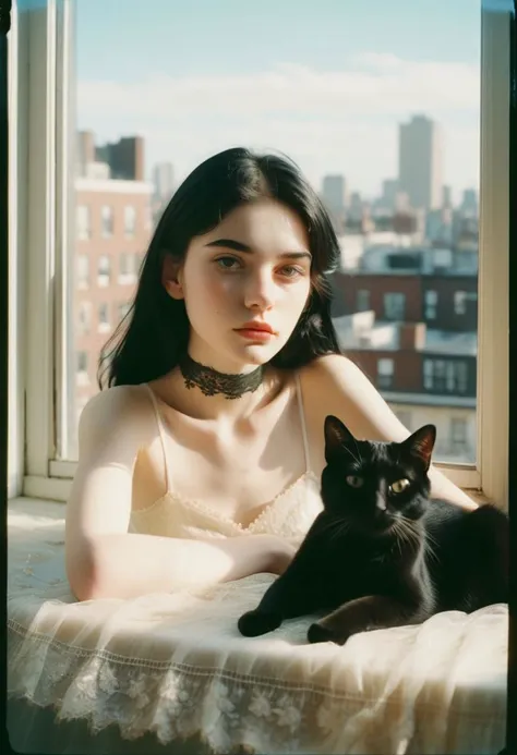 arafed woman sitting on a bed with a black cat