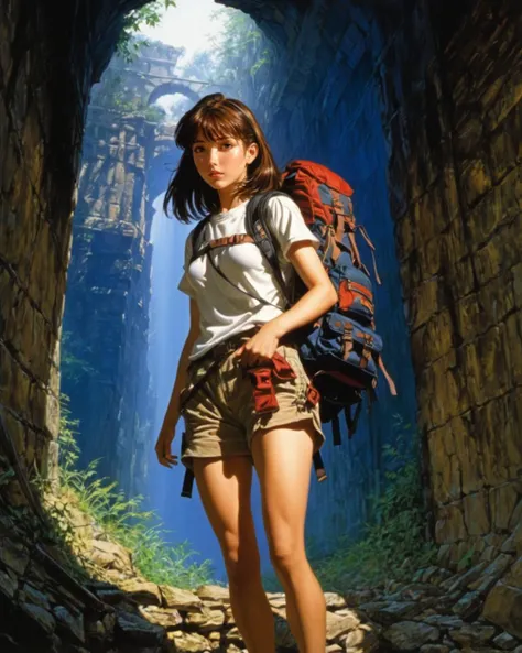 anime
by Noriyoshi Ohrai 
1girl, adventurer, backpacks, exploring dungeon, dark fantasy,
shadows,