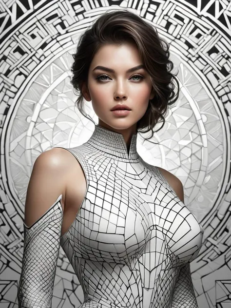 DonMFr4ctur3dD1ffFXThe, perfection style. A breathtaking young woman standing in the center of the image. The composition follows a linear transition from right to left, starting with a detailed line art effect in the first section of the image. In this se...