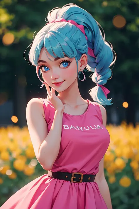 centered, award winning upper body portrait, cowboy shot, (looking at viewer:1.2), | solo, standing, smile, Bulma_DB,  braided ponytail, pink dress, blue eyes, 
| open field, | bokeh, depth of field, cinematic composition, |  dynamic pose, 
<lora:Bulma_DB:...