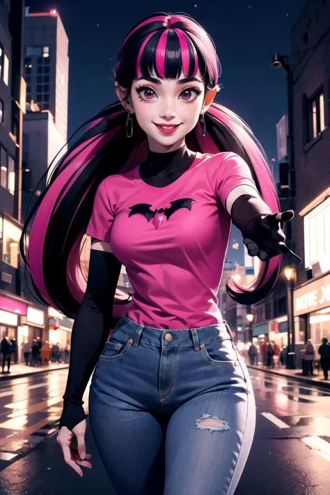 ((masterpiece,best quality)), absurdres,
<lora:Draculaura_MH:0.8>, Draculaura_MH, 
pink tshirt, demin jeans, 
solo, smiling, looking at viewer, cowboy shot, 
modern city background, cinematic composition, dynamic pose,