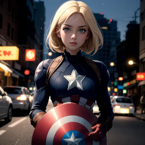 centered, upper body, masterpiece, | female captain america, standing, looking at viewer, | city, urban, street, city lights, | night, bokeh, depth of field,