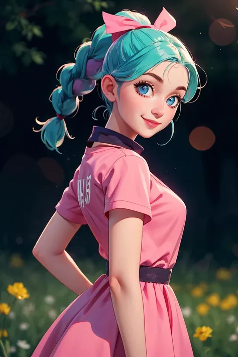 centered, award winning upper body portrait, cowboy shot, (looking at viewer:1.2), | solo, standing, smile, Bulma_DB,  braided ponytail, pink dress, blue eyes, 
| open field, | bokeh, depth of field, cinematic composition, |  dynamic pose, 
<lora:Bulma_DB:...