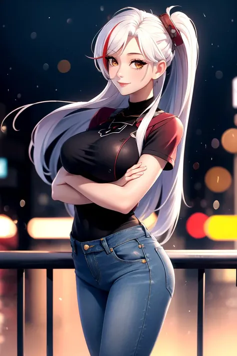 centered, award winning upper body portrait, cowboy shot, (looking at viewer:1.2), | solo, standing, smile, Prinz_Eugen_Azur_Lane, thighhighs, , tshirt, denim jeans, | city, urban scenery, city lights,| bokeh, depth of field, cinematic composition, |  dyna...