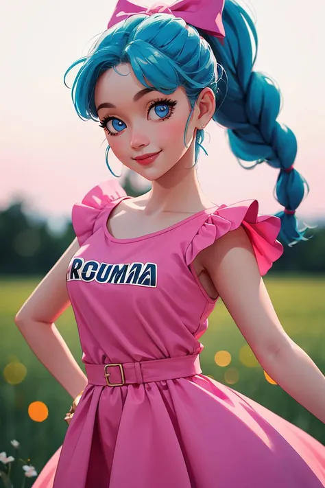 centered, award winning upper body portrait, cowboy shot, (looking at viewer:1.2), | solo, standing, smile, Bulma_DB,  braided ponytail, pink dress, blue eyes, 
| open field, | bokeh, depth of field, cinematic composition, |  dynamic pose, 
<lora:Bulma_DB:...