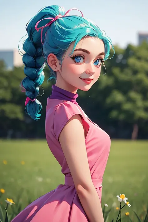 centered, award winning upper body portrait, cowboy shot, (looking at viewer:1.2), | solo, standing, smile, Bulma_DB,  braided ponytail, pink dress, blue eyes, 
| open field, | bokeh, depth of field, cinematic composition, |  dynamic pose, 
<lora:Bulma_DB:...