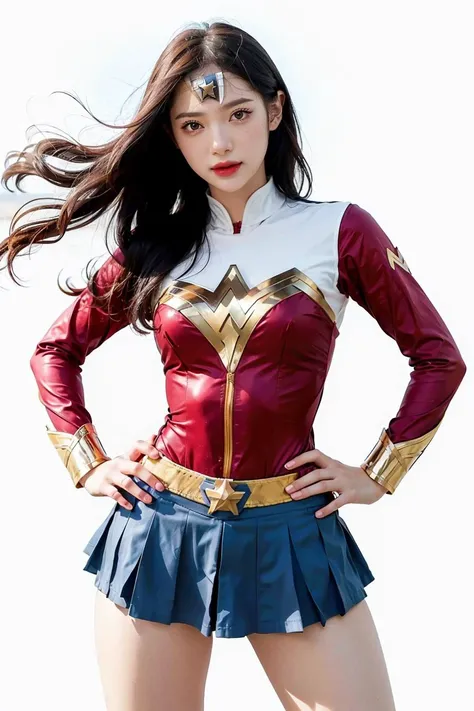 hand on hip, looking at viewer,  white background,  1girl,  simple background, Wonderwoman suit, action, <lora:jannineweigel-04:1>