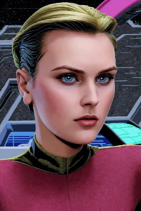 sq3egastyle , ta3h1y, closeup of a woman in yellow uniform, hair slicked back <lora:sq3egastyle:1.7>  <lora:Tasha Yar:1.1>