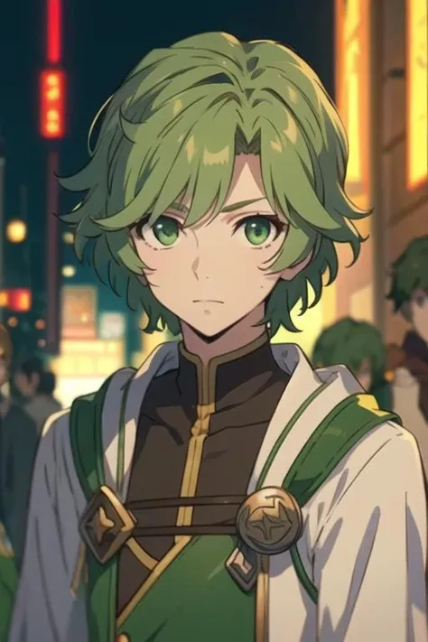 masterpiece, best quality, , 1boy, solo, male focus, looking at viewer, upper body, depth of field, <lora:itsuki_kawasumi:0.68>, itsuki_kawasumi, green eyes, green hair, long sleeve shirt, , social science fiction, 16k resolution