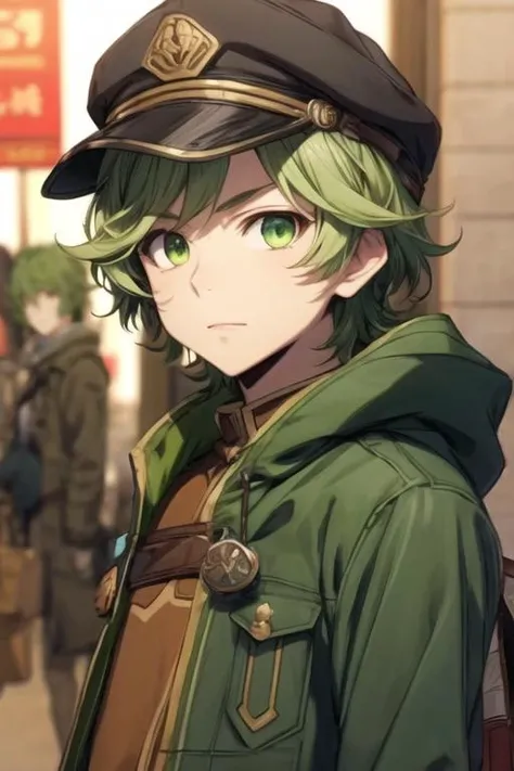 masterpiece, best quality, sketch, 1boy, solo, male focus, looking at viewer, upper body, , <lora:itsuki_kawasumi:0.70>, itsuki_kawasumi, green eyes, green hair, parka, newsboy cap, , 32k resolution