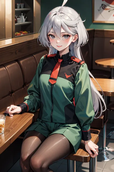 masterpiece, best quality, highres, miorine1, 1girl, miorine rembran, asticassia school uniform, solo, long hair, grey eyes, grey hair, ahoge, seamed legwear, green shorts, necktie, bangs, hair between eyes, black pantyhose, long sleeves, green jacket, flo...