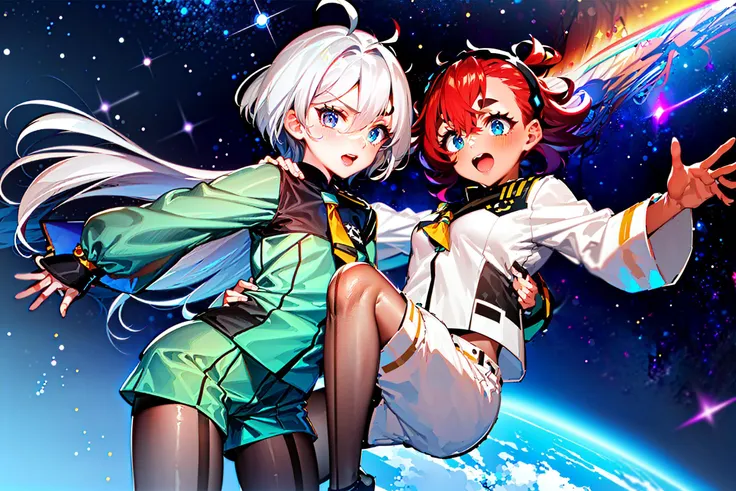 anime characters in space with a rainbow in the background