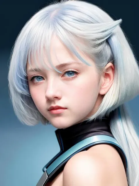 masterpiece, (realistic:1.2), best quality, 8K, HDR, ultra-detailed, ((light blue background)), 
portrait teen girl, gray pupil, white hair, 
Gundam THE WITCH FROM MERCURY, detailed face,