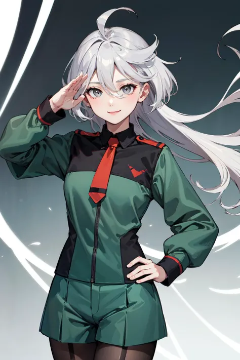 masterpiece, best quality, highres, miorine1, miorine rembran, asticassia school uniform, solo, long hair, grey eyes, grey hair, ahoge, seamed legwear, green shorts, necktie, bangs, hair between eyes, black pantyhose, long sleeves, green jacket, floating h...