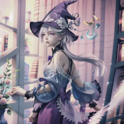 1girl pretty white long hair, wearing a purple rococo dress and witch hat, floating in the library, upper body, beautiful eyes, gray eyes, hair between eyes, ahoge, bangs, solo, and soft dream-like quality, spirit away, in the style of portrait photography...