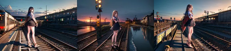 highly insanely detailed, masterpiece, top quality, best quality, highres, 4k, 8k, RAW photo, (train,stop,railroad tracks, railroad signal, sea,a girl waitng for train,train station:1.4), 1girl, (full body:1.2), from side, sailor dress, very long hair, bar...