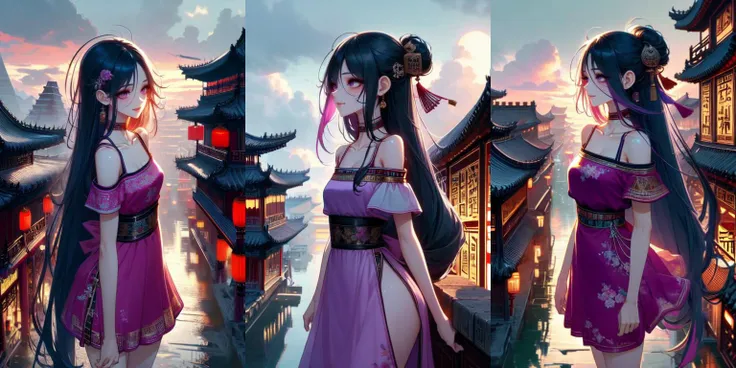 anime girl in a pink dress standing in front of a building