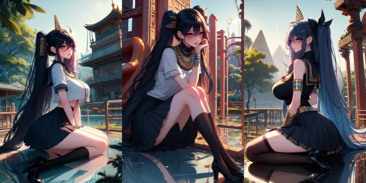 a close up of two anime girls sitting on a bench