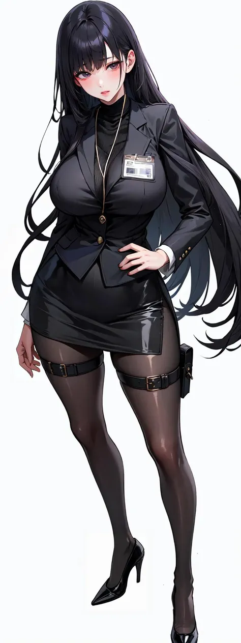 high resolution, highres, absurdres, extremely delicate and beautiful, ultra detailed, perfect details, from above
shiny skin,
1girl, holster, solo, thigh holster, pantyhose, red eyes, black hair, full body, very long hair, black pantyhose, white backgroun...