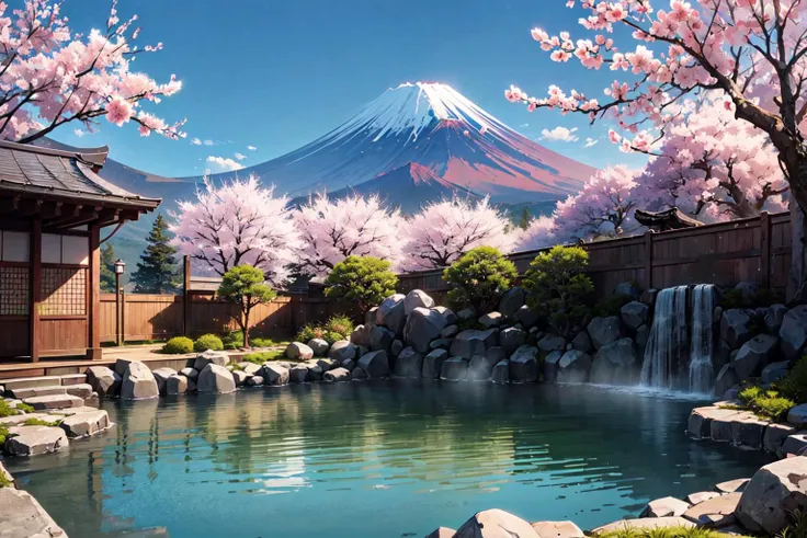 Landscape photo of Mount Fuji, Japan, view from onsen hot spring balcony, sakura trees, (realistic, masterpiece, best quality, ultra-detailed, intricate details, extremely detailed), 2k, 4k, 8k, dslr, photography, physically based rendering, ray-tracing, g...